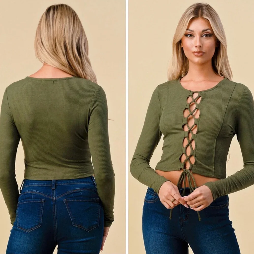 Lace up olive green crop top long sleeve top